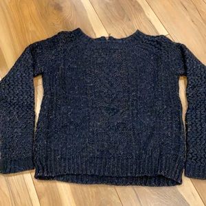 Navy cable knit sweater with gold woven detail